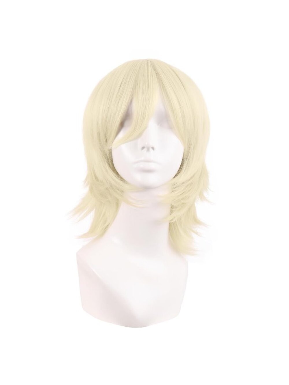 Women's Light Blonde 14 Inch Short Wolf Tail Side Synthetic Curly Wig Bangs